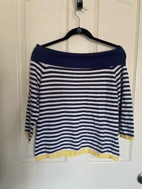Old Navy Navy, White & Yellow Striped Off-Shoulder Sweater